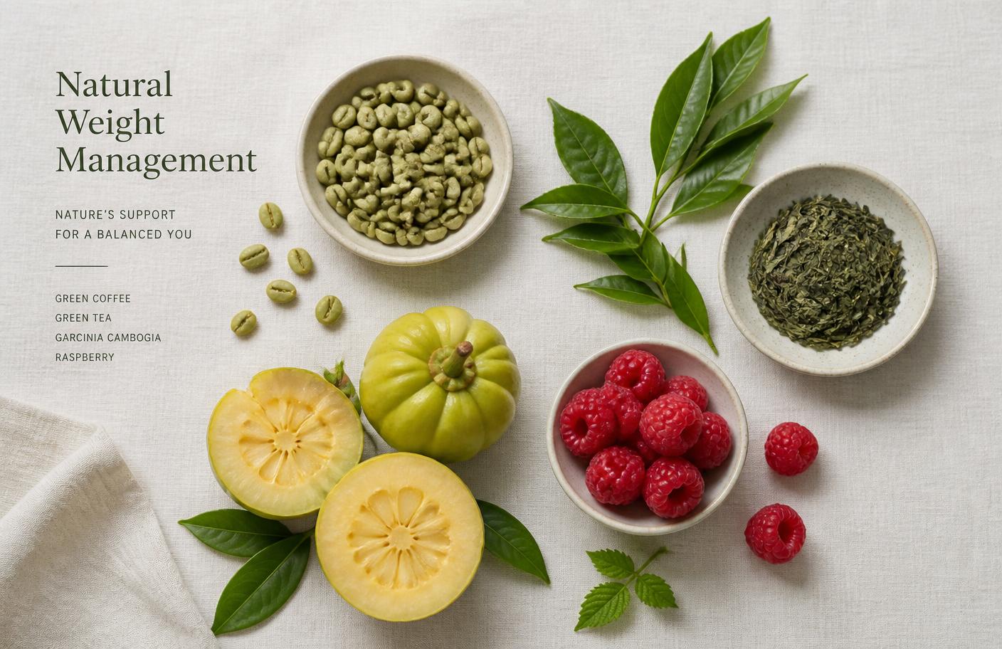 Green coffee beans, green tea leaves, raspberries and garcinia arranged on linen